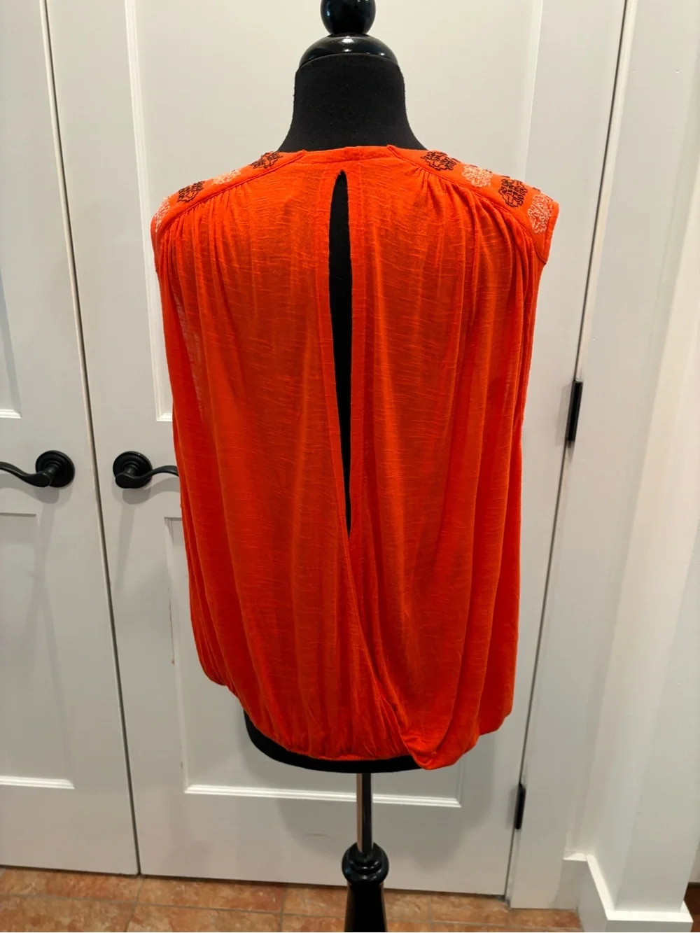 Free People Embroidered Bohemian Tassel Sleeveless Top Open Back Orange Women M